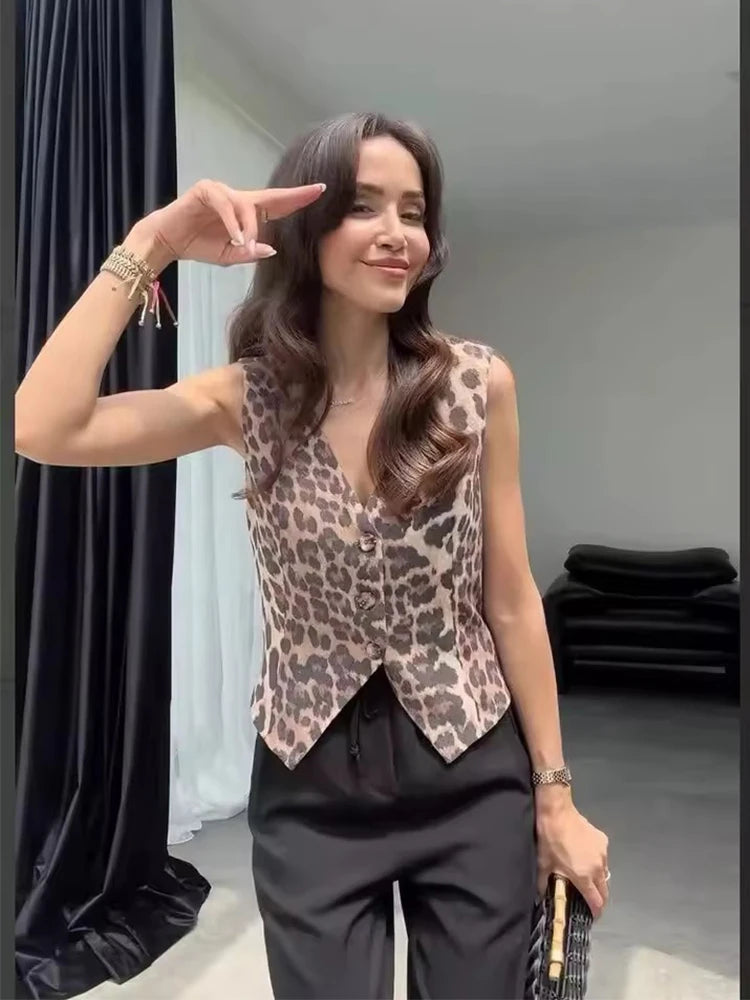 Women’s V-Neck Leopard Cropped Vest